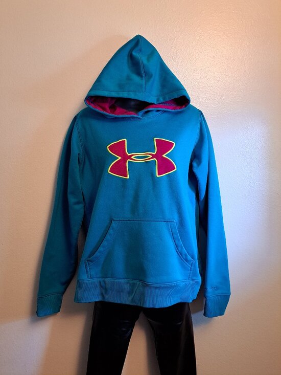 Under Armour Tops - Under Armour Storm turquoise fleece-lined hooded sweatshirt w/ pink&yellow logo